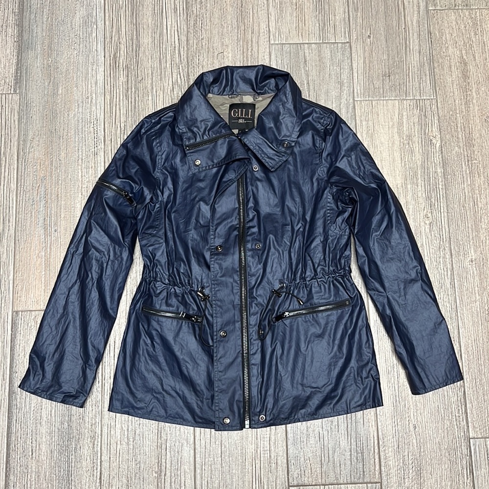 G.I.L.I. Women’s Waxed Cotton Button Zip Up Jacket Navy Blue Size 2